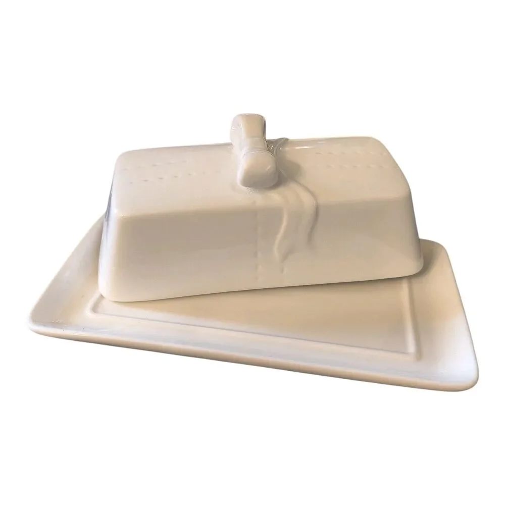 10 Strawberry Street White Butter Dish Bow Handle Farmhouse Country Cottage